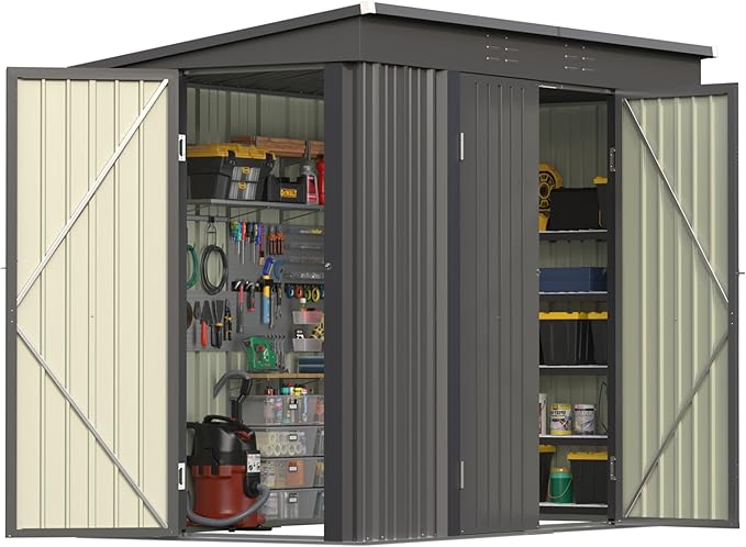 Patiowell 8x4 FT Outdoor Storage Shed, Heavy Duty Tool Metal Sheds with 3 Lockable Doors and Updated Frame Structure for Backyard Patio Lawn, Black