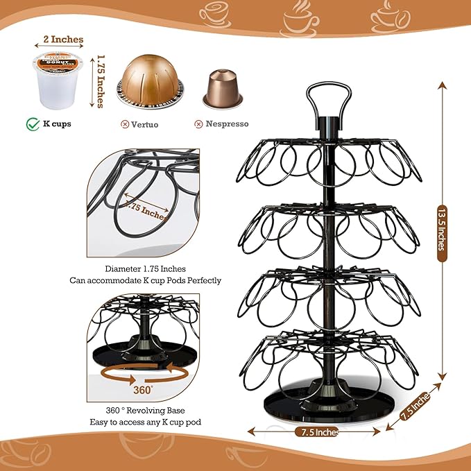 36 K Cup Pod Carousel Easy Assembly Design K Cup Holders,K Cup Holder, K Cups Holder,K Cup Carousel, 4-Tier Coffee Pods Holder Storage Organizer Stand,Glossy Black