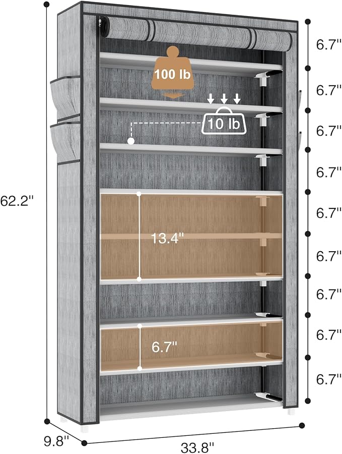 Shoe Rack with Covers 10 Tier Tall Shoe Rack Organizer Large Capacity Shoe Shelf Storage 40 Pairs Space Saving Free Standing Shoe Storage Organizer for Closet, Entryway, Dorm, Printing
