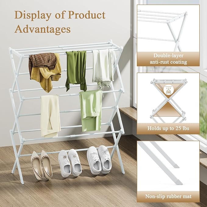 Foldable Drying Rack Clothing, 3-Tier Portable Clothes Drying Racks for Indoor & Outdoor, Anti-Rust Compact Laundry Rack Collapsible, White 28" D x 10" W x 35" H