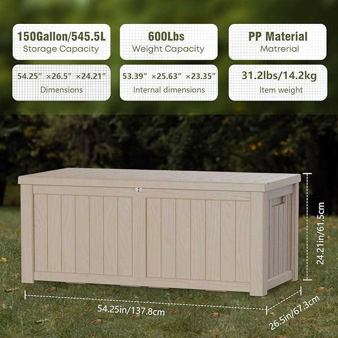 150 Gallon Outdoor Storage Box Waterproof, Lockable Resin Deck Box Large Storage Bin for Patio Furniture Cushion, Garden Tools, Pool Accessories, UV-Resistant Outside Delivery, Gray