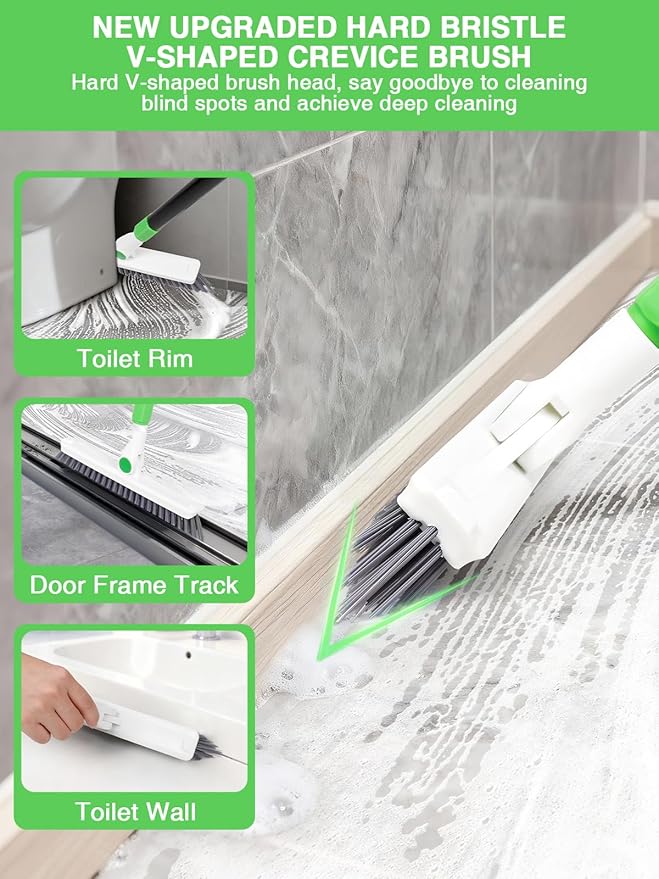4-in-1 Baseboard Cleaning Tool with Handle 5 Reusable Pads 1 Stiff Bristle Brush Carpet Rake for Pet Hair Removal Baseboard Cleaner Carpet Windows Wall Floor Bathroom Kitchen