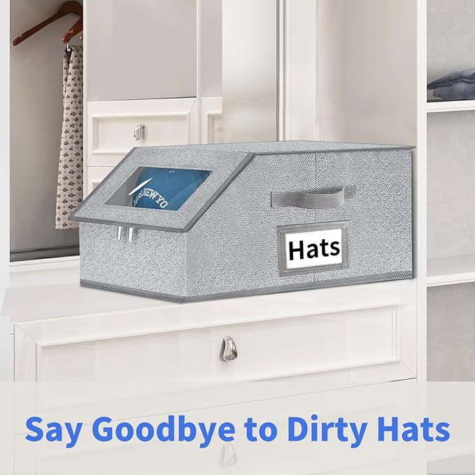 Aokeyee Hat Organizer for Baseball Caps - 2PCS Stackable Storage with Clear Window Lid, Flip-Top Access, Space-Saving Hat Box for Closet, Breathable Fabric (Grey)