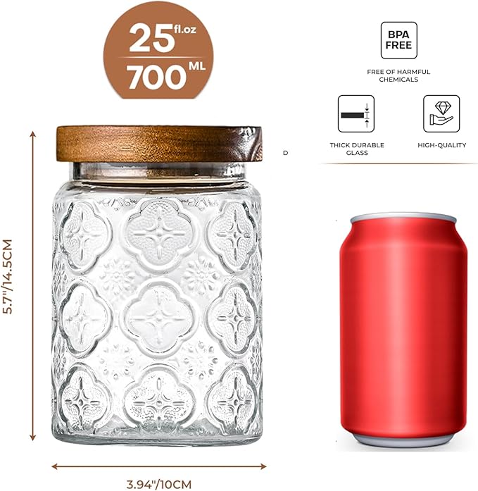 25oz Vintage Glass Jar With Lid, Glass Storage Containers, Airtight Kitchen Storage Containers For Sugar, Coffee, Tea, Spice, Flour, Candy Cookie, Pasta, Cereal, Cute Decorative Jars