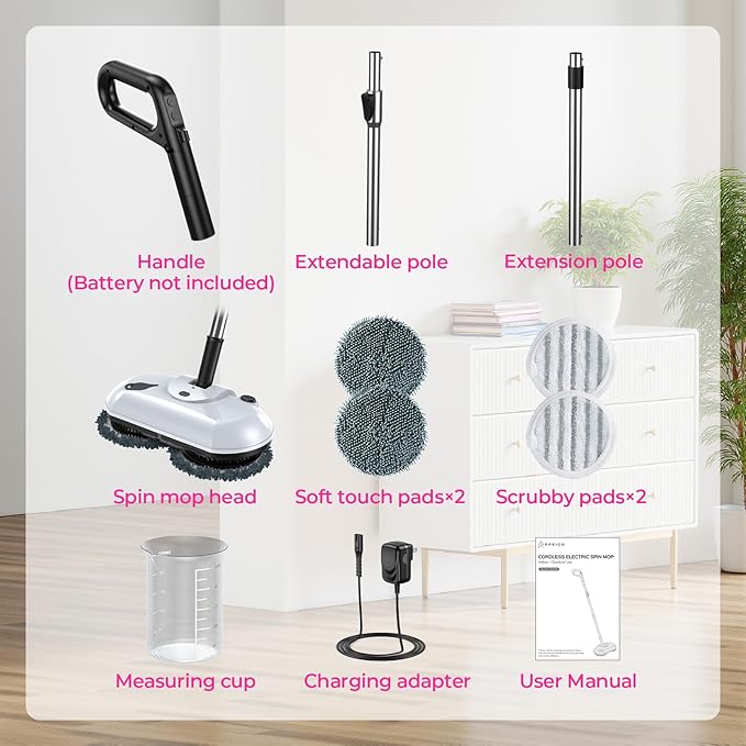 ScrubWiz Cordless Electric Mop, Electric Spin Mop with Water Spray, Powerful Floor Cleaner, Super Quiet Cleaning & Waxing, Mid White