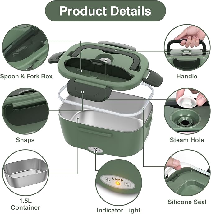 Vabaso Electric Lunch Box for Adults, 80W Heated Lunch Box Portable Food Warmer Lunch Box for Work/Men/Car/Truck with 1.5L 304 Stainless Steel Container Fork & Spoon, 110V/12V/24V