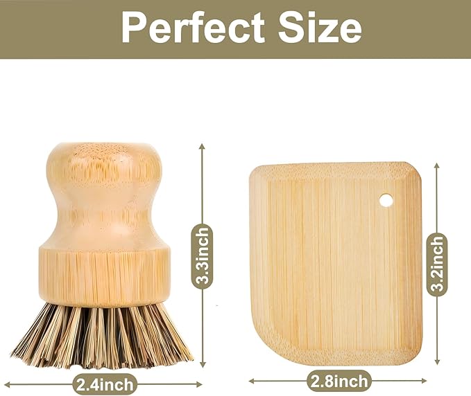 Bamboo Cast Iron Brush, Bamboo Pot Scraper, Kitchen Cleaning Tools for Cast Iron Skillets, Cookware, Dishes, Pans and Pots