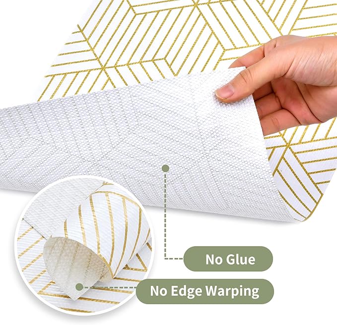 Shelf Liners for Kitchen Cabinets 17in x 40FT, Non Adhesive Cabinet Liner Strong Non-Slip Thickened Gold Geometric Drawer Liner, Easy to Clean for Shelf, Cabinet with Knife and Tape Measure