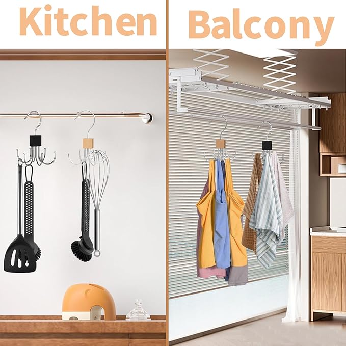 2pcs 360° Rotating 6-Claw Multi-Function Hook Closet Hanging Organizer Hangers for Clothes Hats Scarves Belts, Stainless Steel Rotary Hook Hanger for Kitchen Bathroom Office Home Storage Rack (Khaki)
