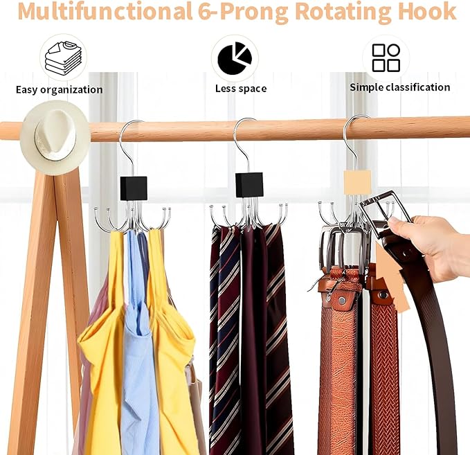 2pcs 360° Rotating 6-Claw Multi-Function Hook Closet Hanging Organizer Hangers for Clothes Hats Scarves Belts, Stainless Steel Rotary Hook Hanger for Kitchen Bathroom Office Home Storage Rack (Khaki)