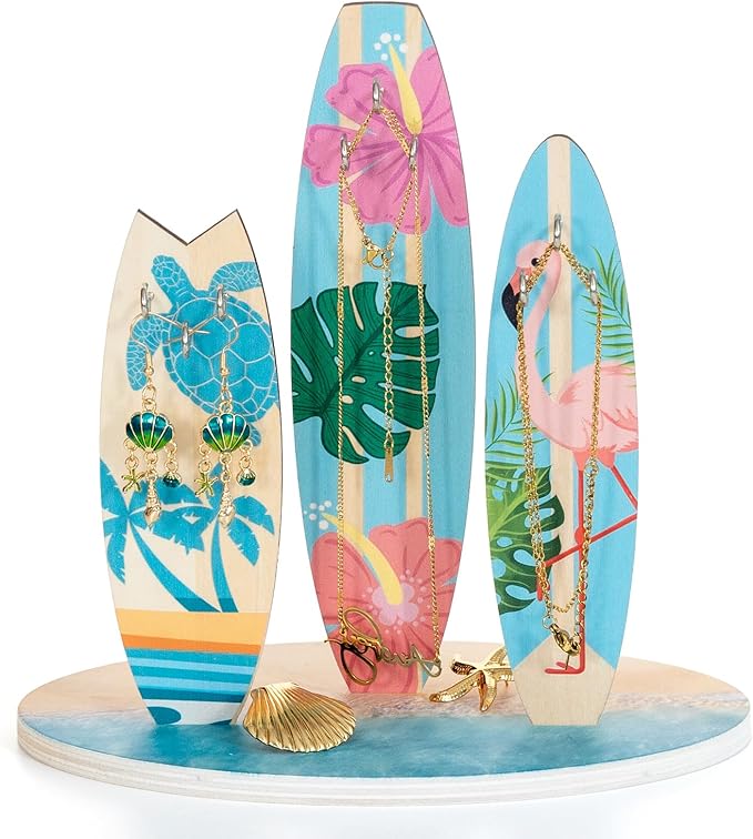 Surfboard Jewelry Holder Stand- Unique Coastal Christmas Beach Home Decor, Ocean-Themed Bathroom Decor, Cute Bracelet Ring Earrings Jewelry Organizer for Teen Girls, Wooden Preppy Hawaii Surfer Gift