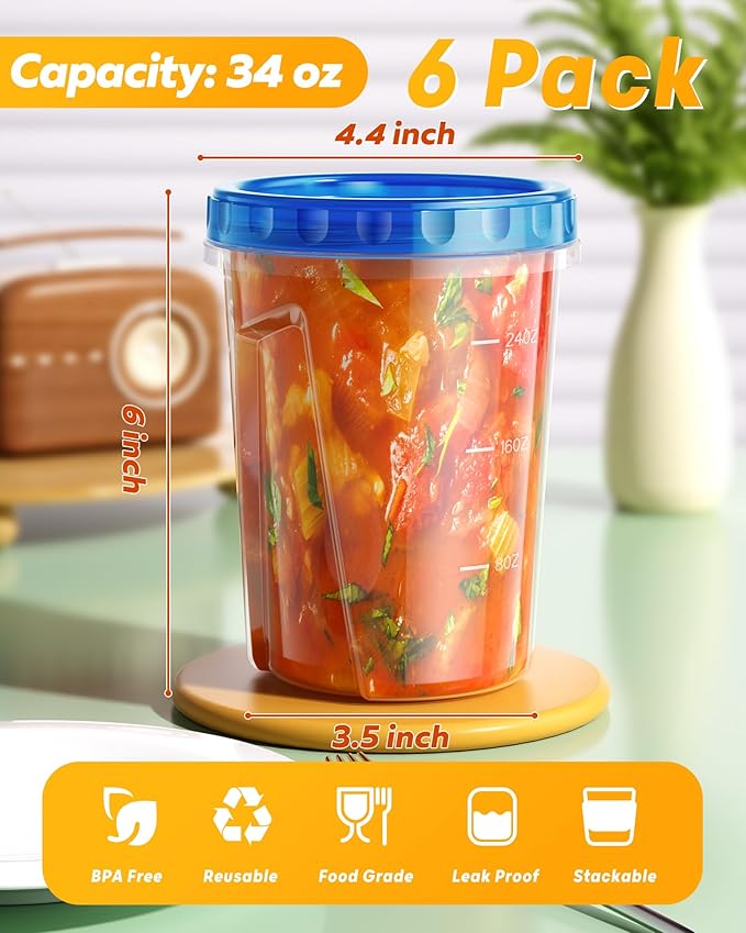6 Pack-34 oz Freezer Storage Containers, Plastic Food Storage Containers with Twist Top Lids, BPA Free and Reusable Soup Containers with Lids, Leakproof/Microwave/Dishwasher Safe