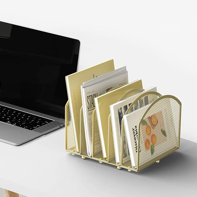 Desk File Organizer 5 Sections Desktop Organizer File Sorter Office Organization File Folder Holder for Office School & Classroom (Gold, 5 Section - 1Pack)