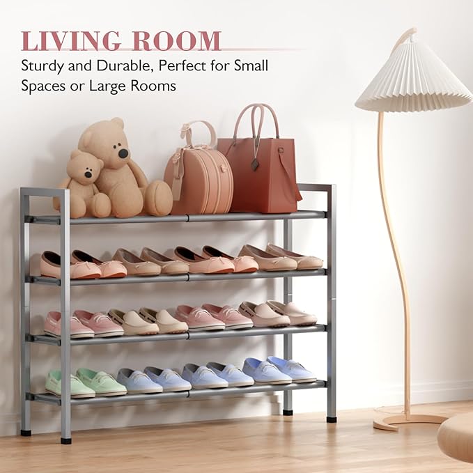 Bumusty 4-Tier Expandable Shoe Rack for Closet, 18“-33” Adjustable Shoe Rack for Small Space, Small Shoe Organizer for Front Door, Sturdy Metal, Light Grey