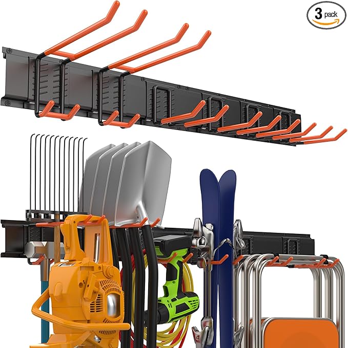 Garage Storage Organization Wall Mount, Garden Tool Organizer 48 Inches, Adjustable Heavy Duty Metal Hooks, Yard Tool Organizer Hold Up to 450lbs, Hanging Rake Broom Mop Snowboard (48 inch)