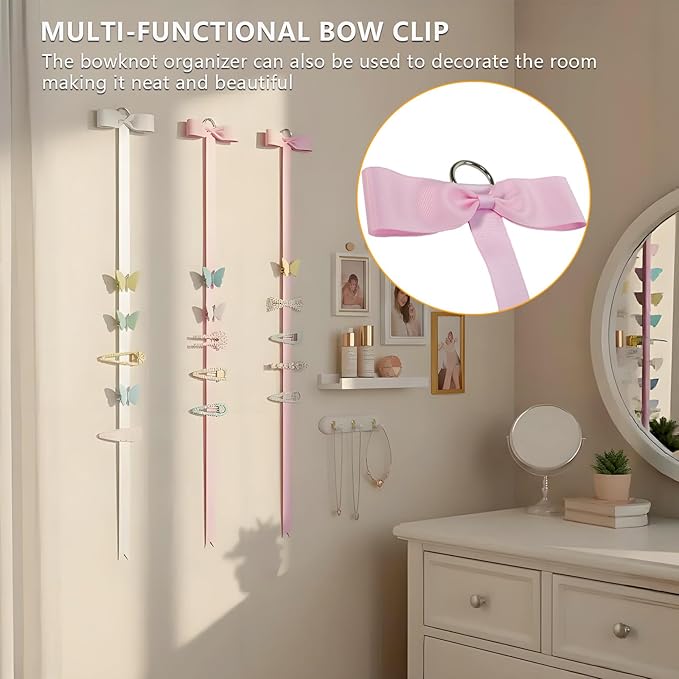 4-Pack Bow Holder & Hair Clips Organizer, Wall Hanging Storage for Alligator Clips & Barrettes, Hair Accessories Organizer for Women Girls Bedroom College Dorm Decor (White & Pink)