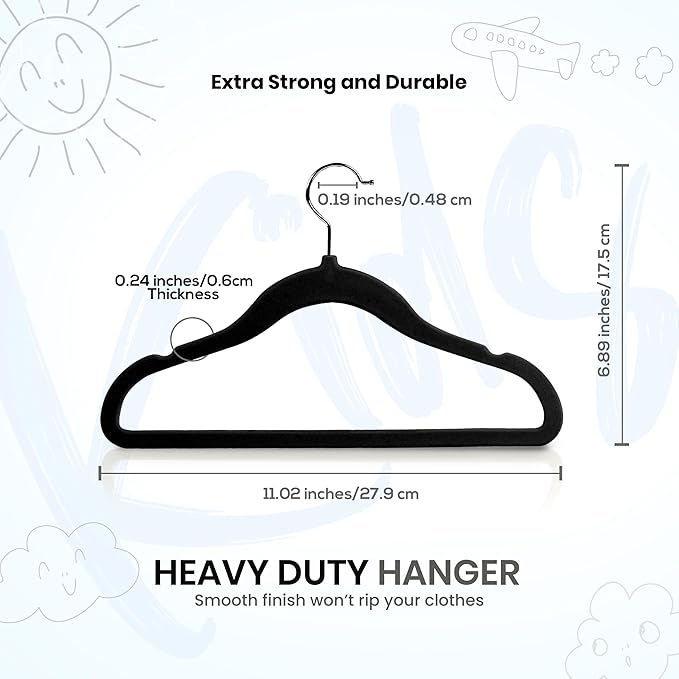 Utopia Home Kids Hangers Velvet (60 Pack) - 11 Inch Durable Baby Hangers for Closet - Perfect Toddler Hangers Non Slip for Everyday Use (Black)