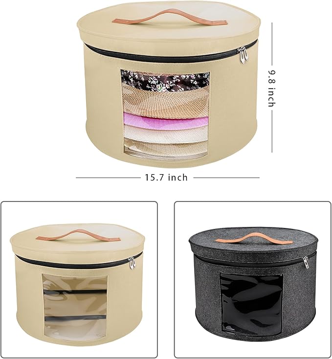 Large Hat Storage Box for Women & Men, 16" D x 10" H Hat Box Organizer，Foldable Round Travel Hat Boxes with Dustproof Lid, Stuffed Toy Storage Bin Bag (Milk Coffee)