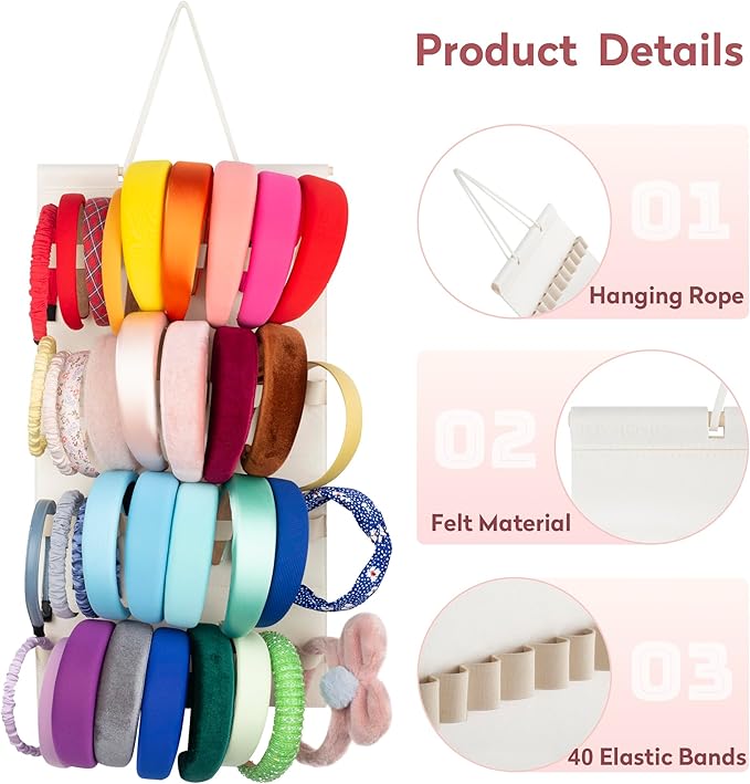 Hanging Headband Holder for Girls,Felt Headband Organizer Headband Storage Holder Organizer for Headband (Without Headbands) (40 Slots Cream)