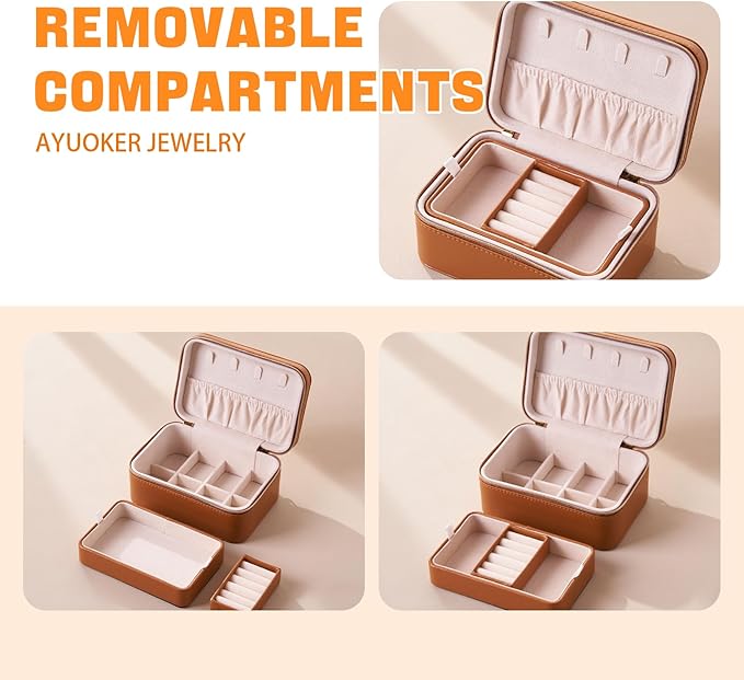 Brown Small Travel Jewelry Box,2 Layers PU Leather Travel Jewelry Box with Double Zippers, Portable Travel Jewelry Organizer for Necklace/Bracelet/Ring/Brooch