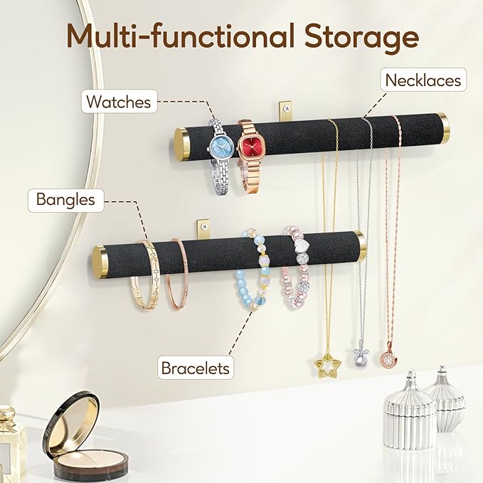 Velvet Necklace Holder Wall Jewelry Organizer, 12" Hanging Necklace Organizer, 2 Pack Wall Mounted Necklace Hanger for Bracelets Bangles Display,Black