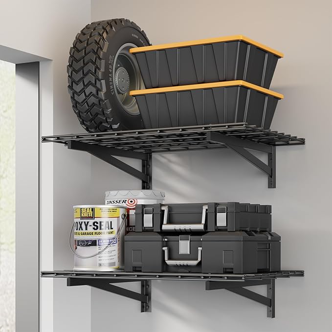 2 Pack Heavy Duty Garage Wall Shelving Set (2x3ft), Wall Mounted Garage Shelves 700lbs Capacity, 24"x72" Wall Shelf Storage Rack Floating Shelves, Black