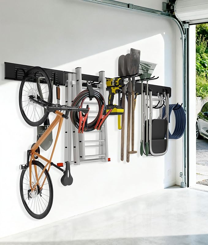 64" Heavy Duty Garage Tool Organizer Wall Mount with 10 Adjustable Metal Hooks, Storage Rack for Garage Organization, Garden Tools, Yard, and Shed Storage, Holds up to 660 lbs