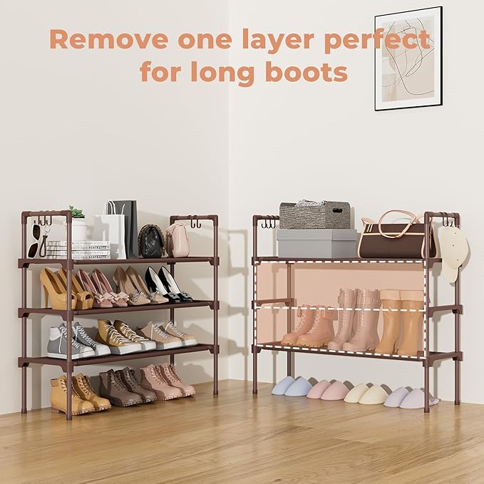 3 Tier Shoe Rack for Closet Shoe Organizer with 5 Hooks, Long Shoe Shelf Storage for Shoe and Boot Stackable Free Standing Shoe Rack for Entryway, Garage, Small Spaces, Dorm, Brown