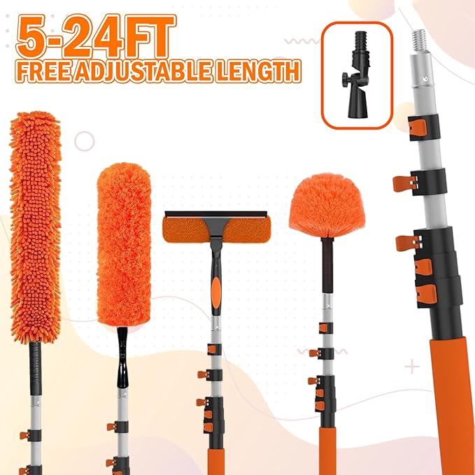 30FT High Reach Duster Cleaning Kit with Extension Pole, High Ceiling Fan Cleaner Duster Tool for Fan Blades, Window Washing Kit with Microfiber Feather Duster & Window Squeegee & Bucket