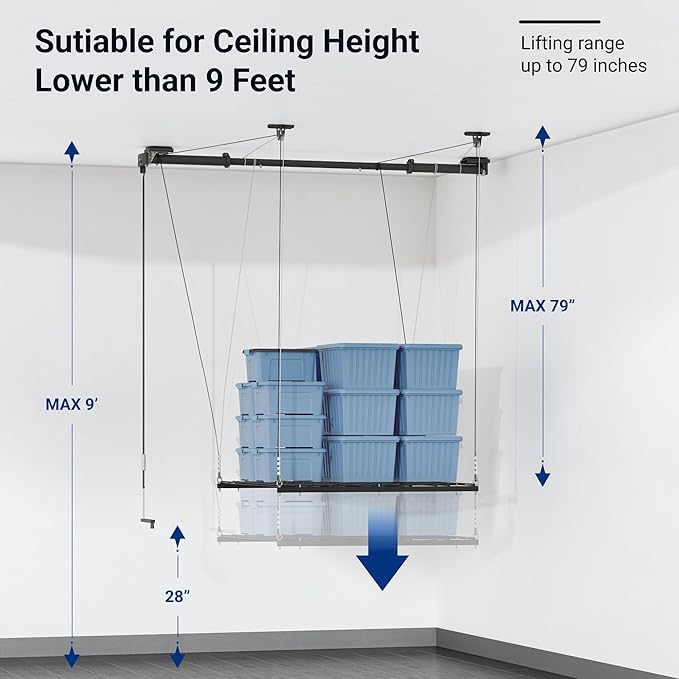FLEXIMOUNTS GL1 Overhead Garage Lifting Storage Rack, 4x4 Ft Heavy-Duty Metal Storage Racks, Adjustable Garage Ceiling Organization System, 300lbs Weight, Polished Black