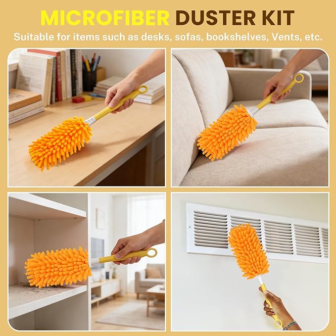 SetSail Dusters for Cleaning Compatible with Swiffer Small Microfiber Duster Refills 4pcs Reusable Duster Refill with 1 Handle Washable Duster Cleaner Kit for Furniture, Car Interior, Blind