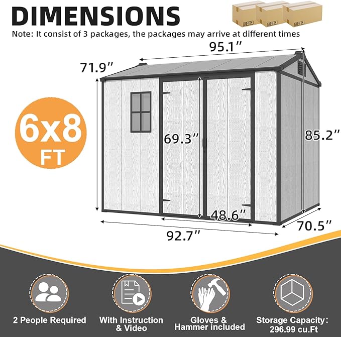 MELLCOM 6 x 8 FT Resin Outdoor Storage Shed with Floor, Resin Outdoor Storage Tool Shed with Windows and Lockable Door, Garden Shed for Lawnmower, Bike, Pool Supply
