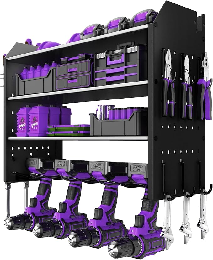 Power Tool Organizer Wall Mount, 4 Tier Tool Rack for power tool Storage,Garage Tool Organizer with Hooks for Men Gift,Black
