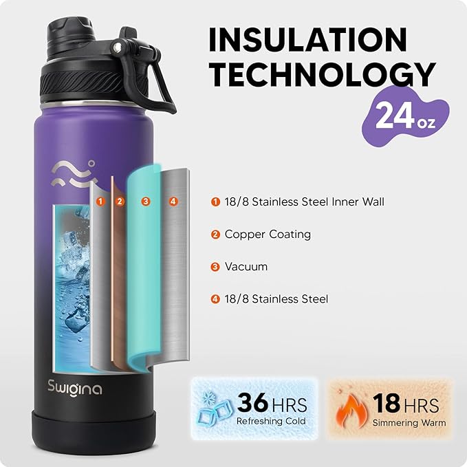 [2-IN-1 LID] Insulated Water Bottle with Silicone Boot (36hrs Cold/18hrs Hot) - DIY Stickers, Leakproof, BPA Free, 24 oz