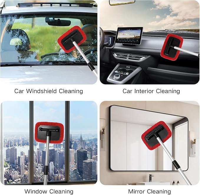 11pcs Windshield Cleaner Tool, Car Window Cleaning Wash Kit with 6 Reusable Microfiber Pads 2 Spray Bottles and Extendable Handles Auto Glass Wiper Kit, Red
