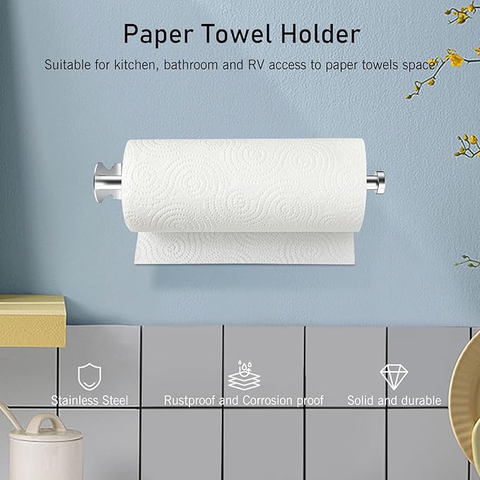 SetSail Paper Towel Holder Under Cabinet Single Hand Operable with Adjustable Damper Easy Tear Paper Towel Holder Wall Mount for Kitchen Bathroom, Adhesive or Screw, Silver