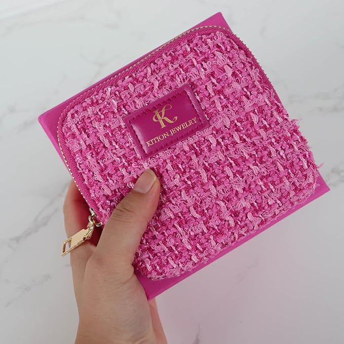 Travel Jewelry Organizer, Tweed Square Bag with 6 Compartments, Pink Zippered Case for Necklaces and Bracelets, Protective Storage Pouch (Hot Pink)