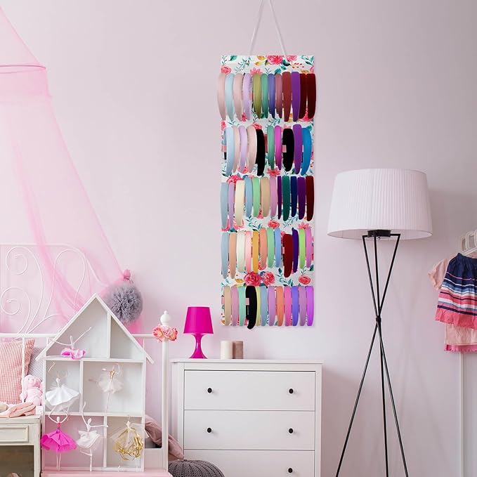 Tudomro Hanging Headband Holder for Girls Felt Hair Accessories Organizer with 60 Elastic Bands Bow Hanger for Girls Hair Bows Without Headbands(Floral,Pink, Green)