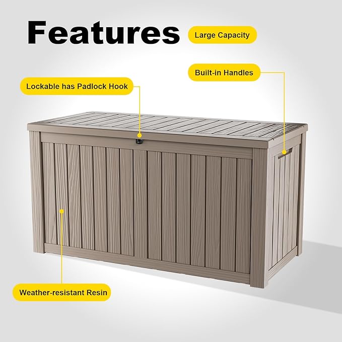 180 Gallon Resin Outdoor Deck Box Waterproof Patio Furniture, Garden Tools, Cushions, Pool Accessories Outside Storage Box (180 Gallon,Grey)