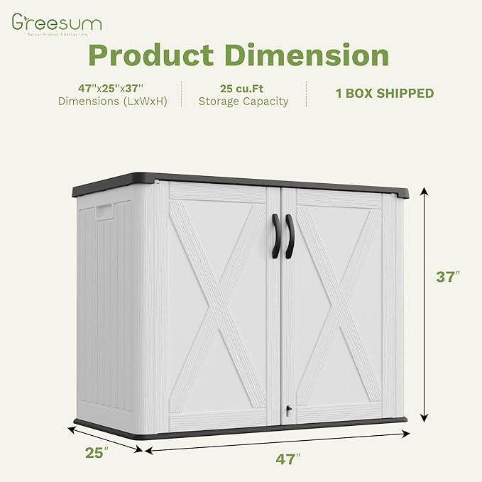 Greesum Outdoor Storage Cabinet, 25 CUFT Deck Box Without Shelves, Waterproof Plastic Storage Shed for Patio Cushions, Gardening Tools, Lockable and Sidehandles, UV Resistant, White