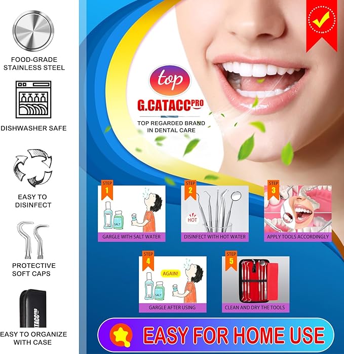 G.CATACC Dental Tools, Dental Pick Teeth Cleaning Tools Hygiene Kit, Plaque Remover for Teeth, Professional Stainless Steel Tooth Scraper Plaque Tartar Cleaner - with Case