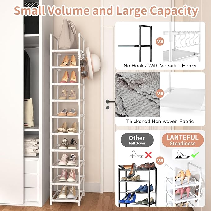 Tall Narrow Shoe Rack 10-Tier Skinny Shoe Shelf Storage for 10-15 Pairs Shoes and Boots, Space Saving Corner Shoe Rack Organizer for Closet, Entryway, Garage, Living Room,White
