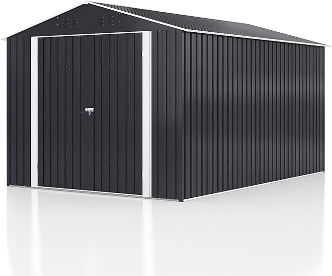 8x12 FT Outdoor Storage Shed, Garden Shed with Updated Frame Structure and Lockable Doors, Metal Tool Sheds for Backyard Garden Patio Lawn, Grey