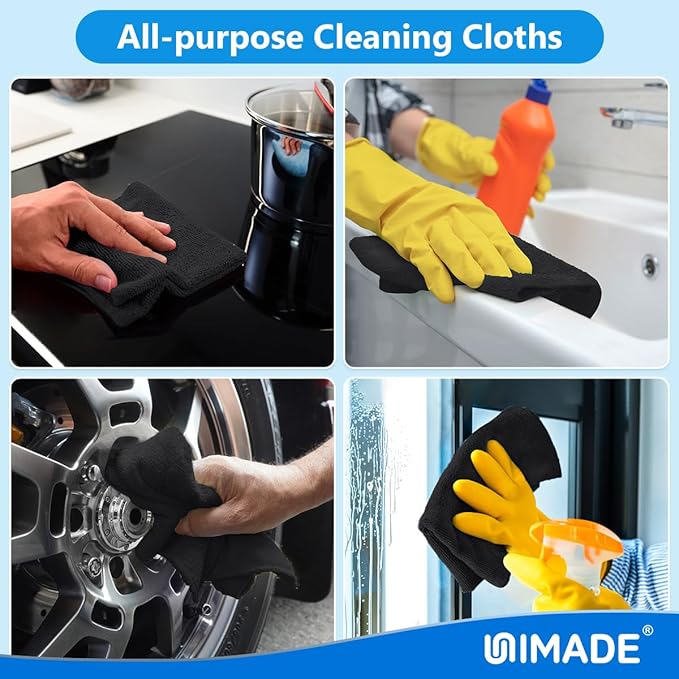 Microfiber Cleaning Cloth, 10 Pack Reusable Microfiber Towels for Cars Lint Free Cleaning Shop Towel Rags for Home Kitchen Automotive Bar Mechanic Restaurant Garage, 11.5"x 11.5", Black