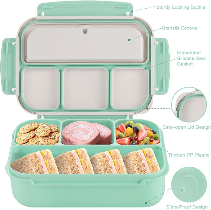 Bento Box Adult Lunch Box, Lunch Containers for Kids Girls Boys with 4 Compartments, Lunchable Food Container with Utensils, Sauce Jar, Muffin Liners, 40 Oz/5 Cup, Seafoam Green