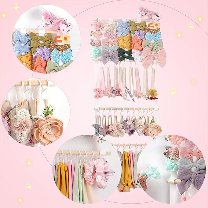 Hair Bow Organizer – Headband Storage Rack, Necklace Display Holder | 30 Hook Hanging Solution, Wall Mounted Accessory Organizer For Bedroom Kids Closet Playroom Nursery Decor
