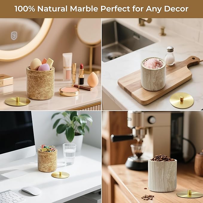WORHE Marble Qtip Holder with Brass Lid for Cotton Swabs,Balls,Pads,Floss Picks Large Capacity Marble Apothecary Jar for Bathroom Essentials Decor, Vanity Makeup Storage Organizer Light Brown (WH080)