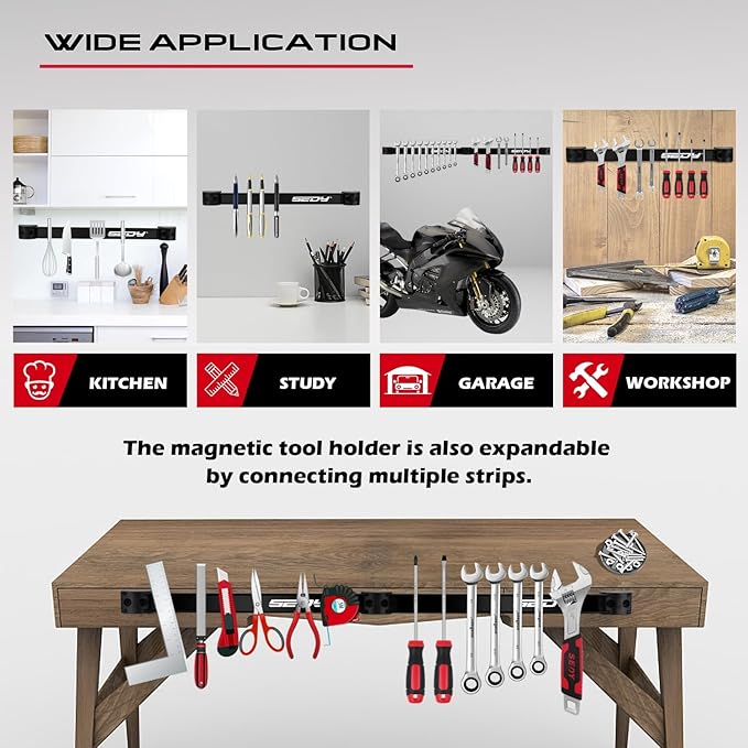 SEDY Magnetic Tool Holder Storage Organizer: 7-Piece Garage Wall Mount Rack Organization Strip Power Magnet Organizers Mounted Workbench Board Slatwall Van Hanger