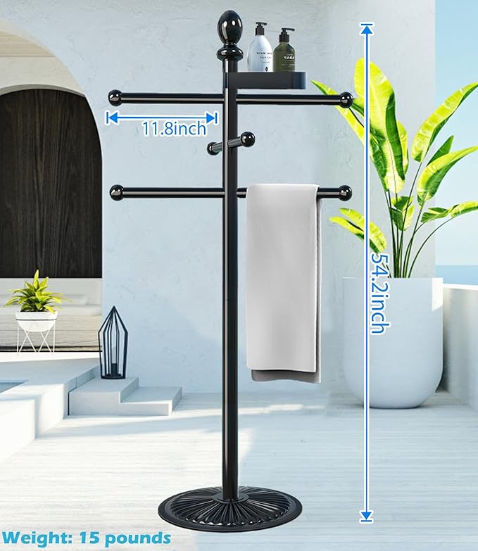 Pool Outdoor Towel Rack, 6 Bars with Top Tray Metal Heavy Duty Pool Accessories with Heavy Metal Base, Hot Tub Accessories Towel Dying Rack Towel Stand for Pool, Hot Tub etc
