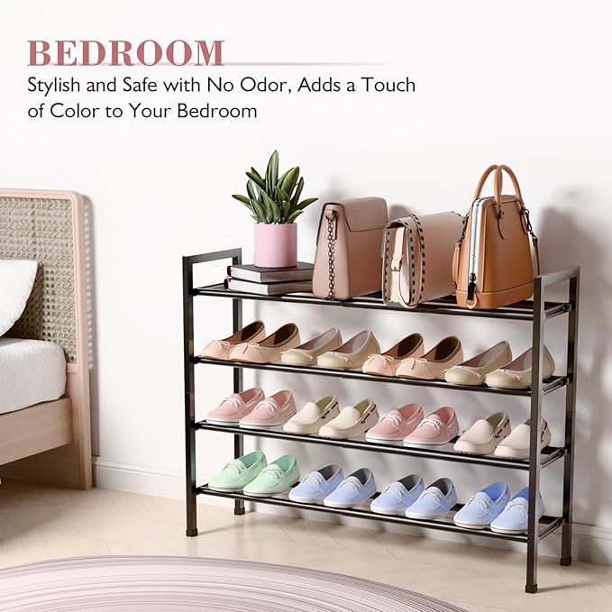 Bumusty 4-Tier Expandable Shoe Rack for Closet, 18“-33” Adjustable Shoe Rack for Small Space, Small Shoe Organizer for Front Door, Sturdy Metal, Black